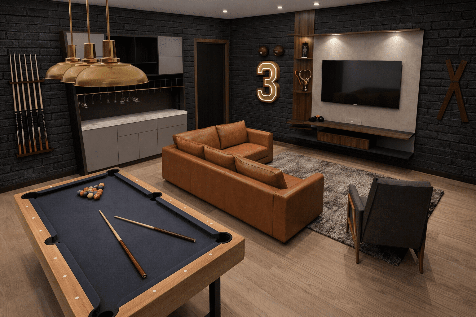 Sophisticated fan cave interior design rendering featuring a moody, elevated aesthetic.