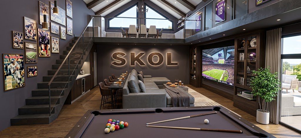 Modern Barn dominium featuring a family room, pool table, lounge space, and sports memorabilia.